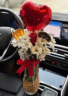 Vazoda Papatya & K�rm�z� G�l Kalp Balon Hediye 